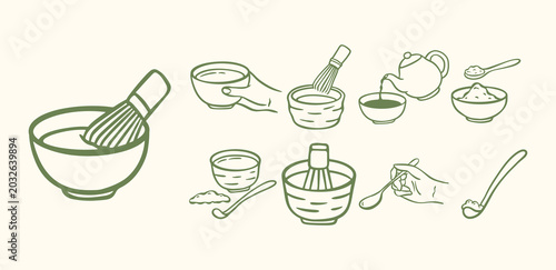 set of hand drawn matcha drink whisk illustration