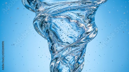 Dynamic water swirl: captivating vortex against a blue background with bubbles