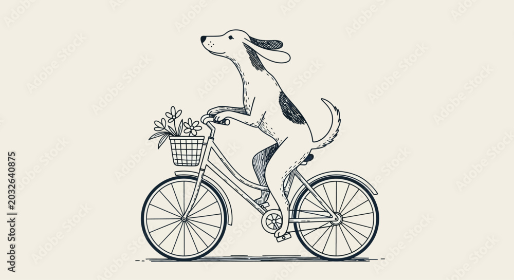 Fototapeta premium Vector illustration, dog on bicycle, black and white, cartoon pet, bike ride, floral basket
