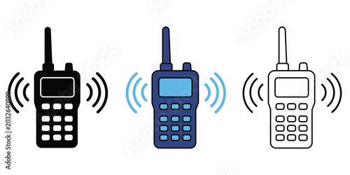 Set of walkie talkie icons in different styles, including solid black, flat blue, and outline versions, vector illustration