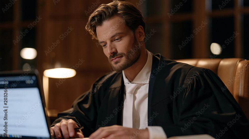 Obraz premium Immigration judge reviewing legaltech case management dashboard in spare chambers after hours, access to justice technology court efficiency professional career solo judicial workplace system equity