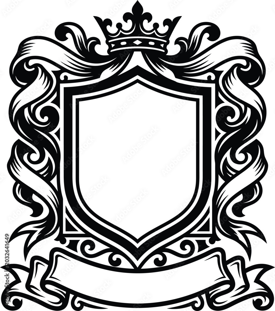 Obraz premium Graceful black and white heraldic shield vector drawing featuring a royal crown and blank scroll ribbon banners.