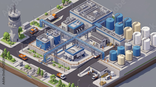 Foto Modern industrial complex with tanks and control tower.