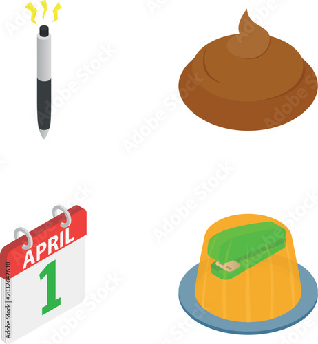 Assorted practical jokes for april 1st including a shock pen, fake poop, calendar, and stapler in jello