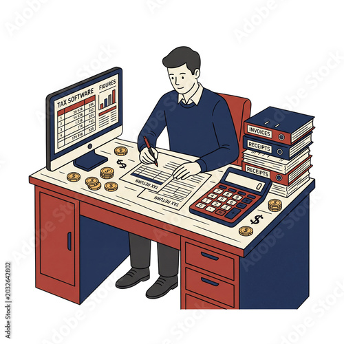 Accountant Working on Tax Return Forms with Financial Documents and Calculator Flat Illustration