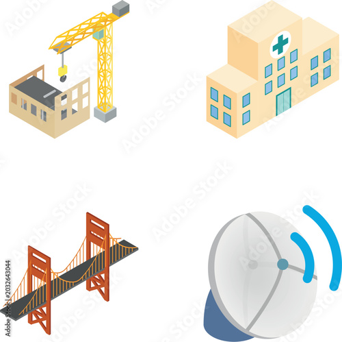 Collection of isometric icons representing urban infrastructure elements and services