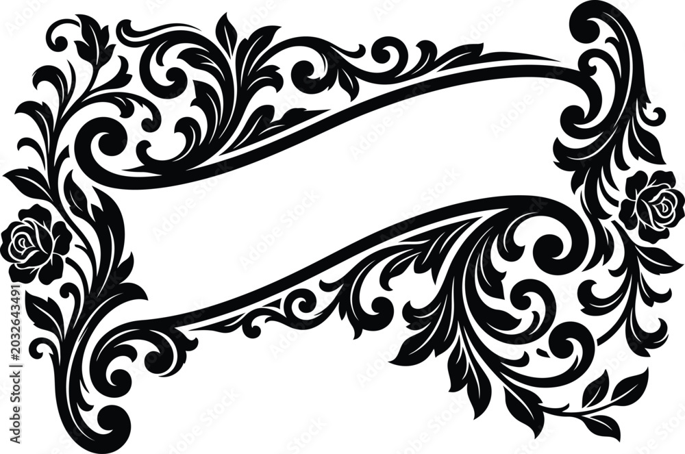 Fototapeta premium Graceful vintage baroque scroll frame with ornate floral flourishes and rose illustrations on white setting.