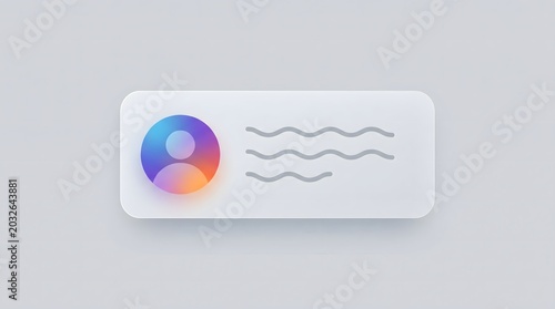Sleek modern user interface card with a vibrant gradient profile icon and abstract text lines, ideal for contemporary digital design and user experience concepts