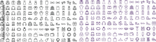 Collection of various fashion icons and symbols in black and purple lines