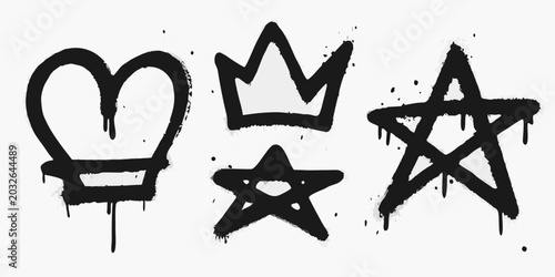 spray paint heart crown and star icons with dripping paint on white background