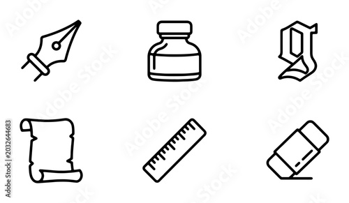 Foto Writing Tools Icons: Fountain Pen, Inkwell, Scroll, Ruler, Eraser, Gothic Letter