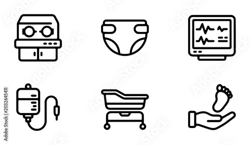 Foto Neonatal Care Icons, Baby Hospital Equipment Set, Newborn Medical Technology Gra