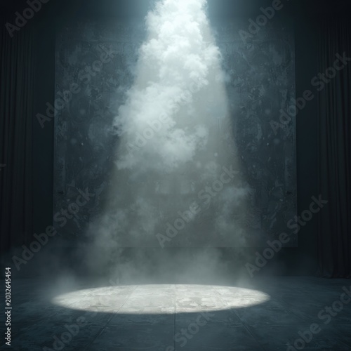 Mysterious Spotlight Illuminating a Foggy Stage with Dark Curtains