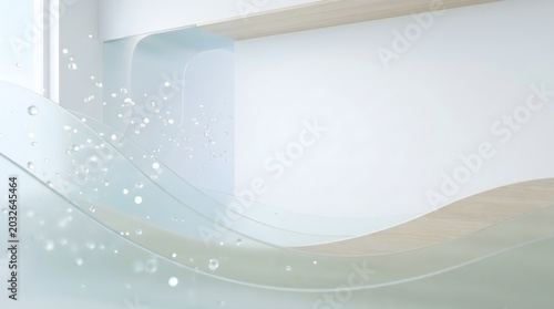 Clean and bright abstract background with water droplets and flowing waves, evoking a sense of purity and modern design