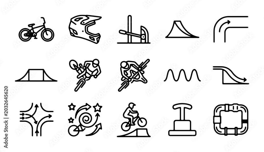 Obraz premium BMX Bicycle Icons, Extreme Sports Gear, and Track Elements Vector Set