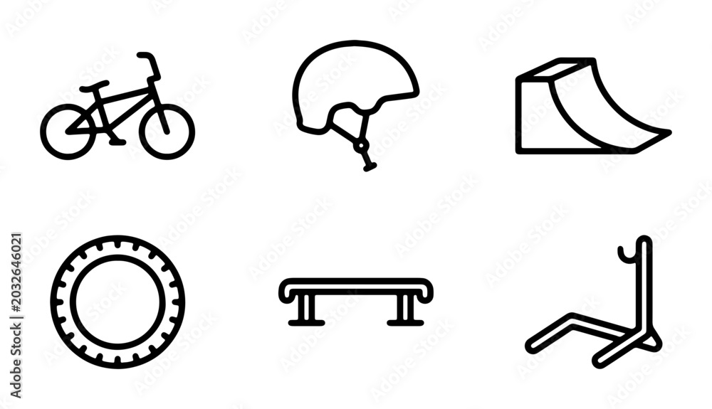 Fototapeta premium BMX Bike and Gear Icons, Bicycle Sports Equipment Vector Set