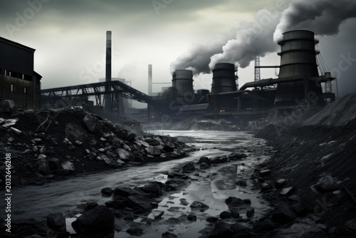 Smoke billowing from industrial chimneys polluting river near coal power plant