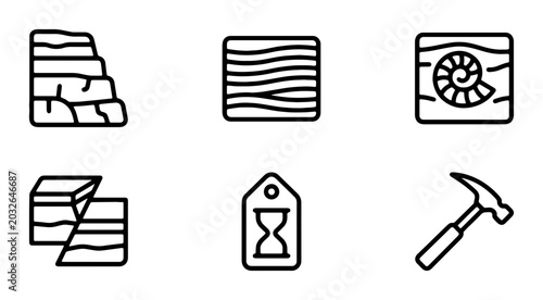Billede på lærred Geology Icons Set: Rock Layers, Wood Grain, Fossil, Hammer, Stratigraphy, Time