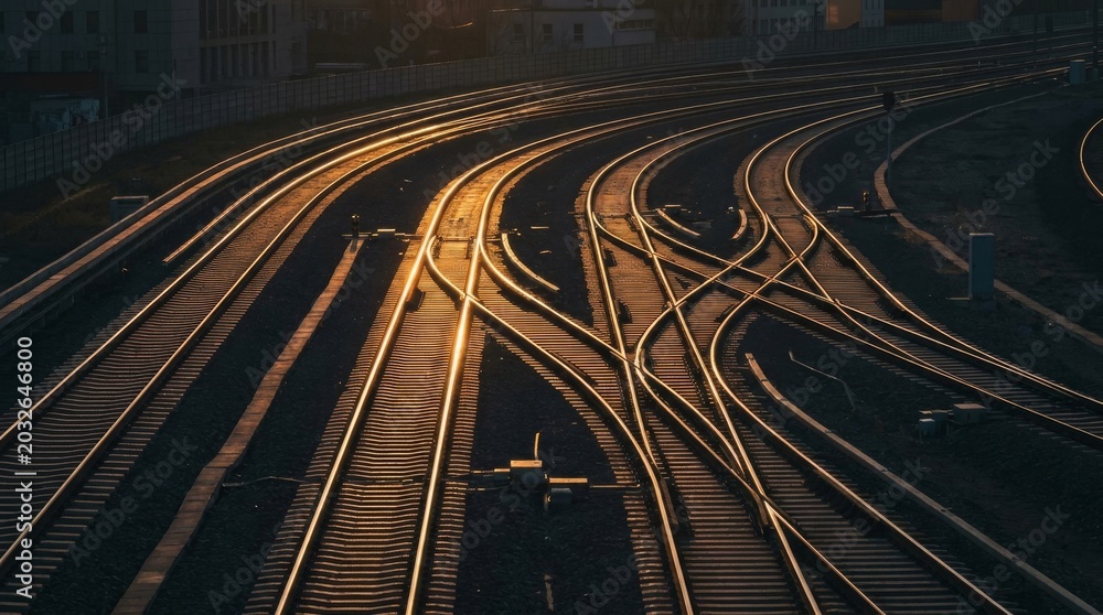 Fototapeta premium Aerial View of Complex High-Speed Rail Tracks Network at Dusk