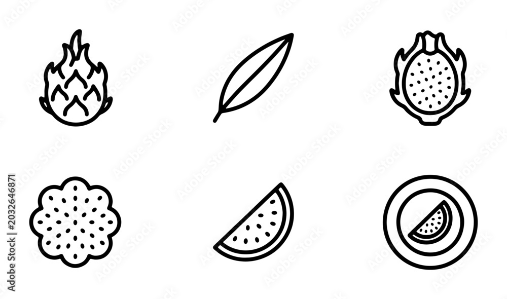 Fototapeta premium Dragon Fruit Icons, Tropical Fruit Vector Graphics, Exotic Food Symbols, Healthy Eating Line Art