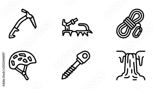 Schilderij op canvas Climbing Gear Icons, Mountain Adventure Equipment, Outdoor Sports Vector Set