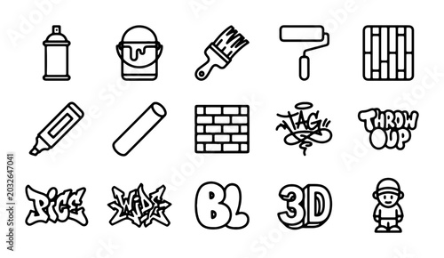 Tableau sur toile Graffiti Art Icons Set: Spray Paint, Brushes, Brick Wall, Tags, 3D Text, 15 Vect
