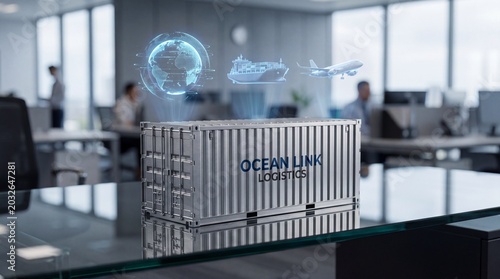 Logistics and supply chain concept with a shipping container and holographic icons of a globe, cargo ship, and airplane
