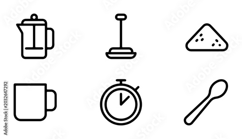 Photos Coffee Making Icons: French Press, Mug, Timer, Spoon, Sugar, Tamper, Vector Set