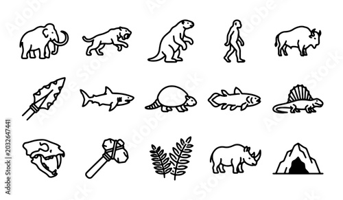 Photos Prehistoric Icons Set: Mammoths, Dinosaurs, Cavemen, Ancient Tools, Evolution