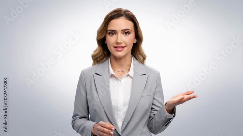 Woman financial advisor speaking with confident gestures against white background