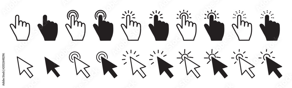 Fototapeta premium Computer mouse cursor icon set line and filled pattern, hand pointer, arrow clicks, loading animations for UI, UX and web apps
