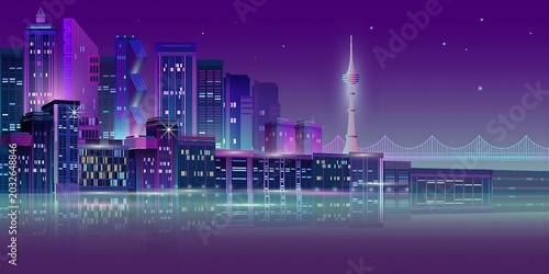 Night City skyline, tv tower. Business district. Panorama with neon glow in twilight. Futuristic cityscape with glowing purple and blue lights. Vector illustration. Megapolis, skyscrapers, buildings.