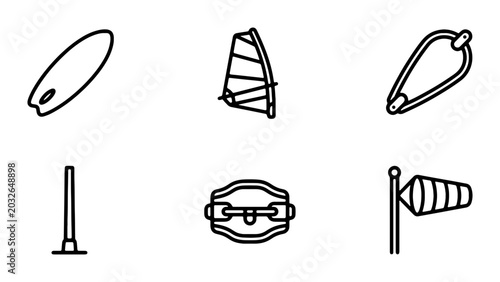 Bild auf Leinwand Windsurfing and Kitesurfing Equipment Icons, Water Sports Gear Set, Vector Graph