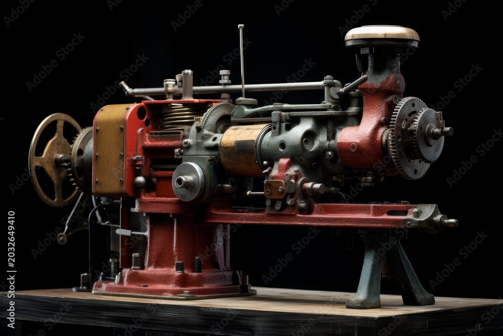 Obraz premium Complex vintage machinery with exposed gears and mechanisms, showcasing industrial heritage against a dark backdrop