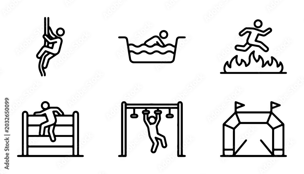 Fototapeta premium Obstacle Course Icons, Fitness Challenge Vector Set, Sports Competition Graphics, Adventure Race Elements