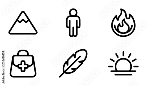 Tableau sur toile Minimalist Line Icons: Mountain, Person, Fire, First Aid, Feather, Sunrise Icons