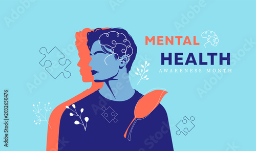 Mental Health Awareness Month horizontal vector banner. Creative illustration featuring a human profile with line art brain, puzzle pieces, and leaves symbolizing psychological healing and wellness