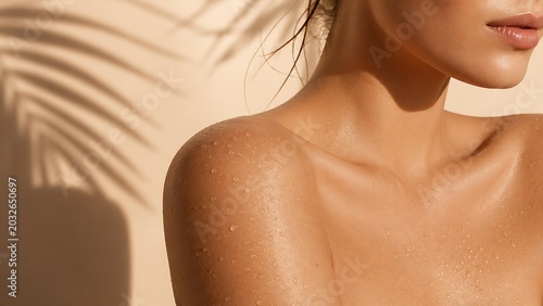 Closeup of a womans shoulder and neck with water droplets on glowing tanned skin, palm leaf shadow on beige background