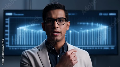 Male data scientist presenting analytics with digital bar charts display