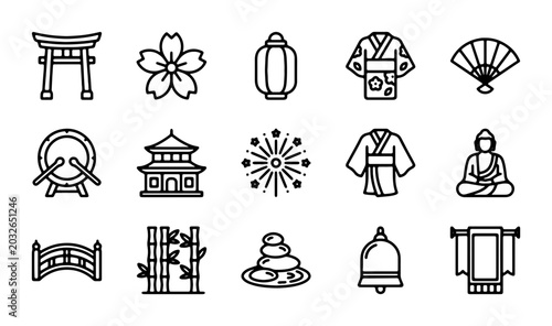 Photography Japanese Icons Set: Traditional Culture Symbols, Vector Graphics for Travel and