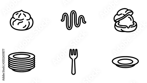 Foto Pastry Icons Set: Cream Puff, Swirl, Fork, Stacked Plates, Simple Food Graphics