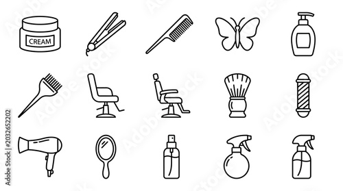 Hair care icons grid showing salon tools grooming products styling equipment beauty essentials for personal care design and professional representation