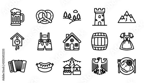 Tableau sur toile Oktoberfest Icons: Beer Mug, Pretzel, Cuckoo Clock, Lederhosen, Sausage, Bavaria