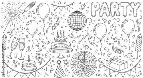 Party, celebration, birthday, vector, illustration, coloring book, outline, black and white, festive, decorations