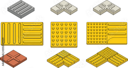 Foto Tactile Paving Tile Vector Set with Yellow and Gray Isometric Blister and Cordur