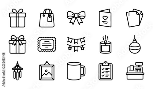 Foto Celebration Icons, Gift Box, Shopping Bag, Bow, Card, Paper, Certificate, Garlan