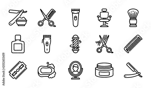 Photos Barber Shop Icons Set, Vintage Hair Salon Tools, Retro Grooming Equipment, Vecto