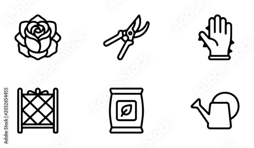 Foto Gardening Icons Set: Rose, Pruners, Gloves, Planter, Fertilizer, Watering Can Ve