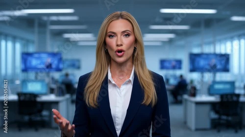 Professional woman gesturing in modern office environment with monitors