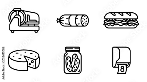 Tableau sur toile Deli Icons Set: Slicer, Sausage, Sandwich, Cheese, Pickles, Dispenser